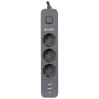 S-LINK SPG03U 2 Usb +1Type C 5V2.4A 1.5m 3x1.00mm 100% Bakır 750 Joule 3 lü Anahtarlı Akım Korumalı Siyah Priz